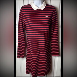LACOSTE Live Dress Striped Rugby Polo Red Black Knit Mini White Collar Medium